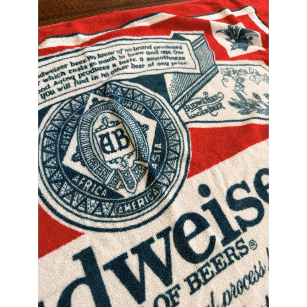 Budweiser Bottle Label Beach Towel R.A. Briggs King of Beers Red Blue VTG 54x29